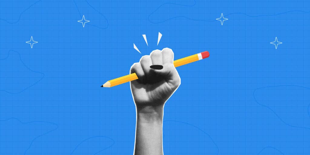 Halftone illustration of a fist gripping a pencil on a bright blue background, conveying creative energy and intention.Halftone illustration of a fist gripping a pencil on a bright blue background, conveying creative energy and intention.