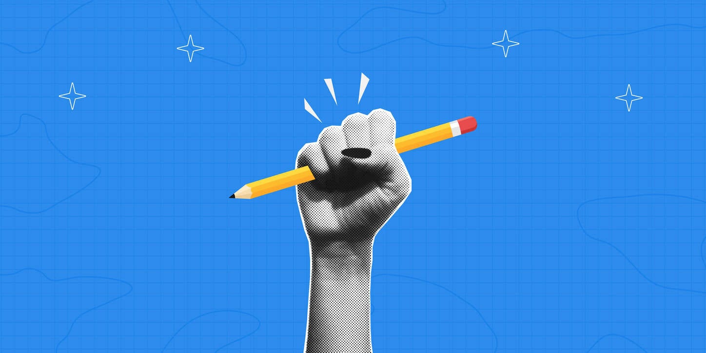 Halftone illustration of a fist gripping a pencil on a bright blue background, conveying creative energy and intention.Halftone illustration of a fist gripping a pencil on a bright blue background, conveying creative energy and intention.