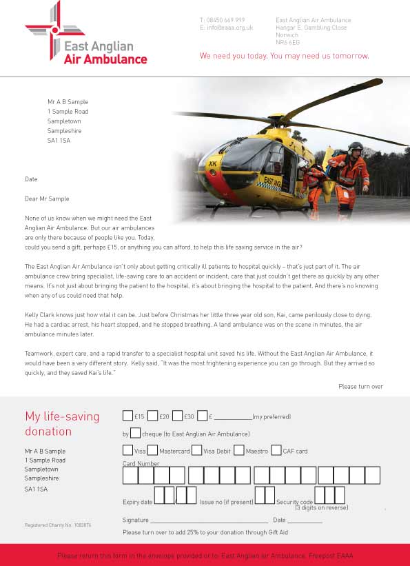 Direct mail pack request letter, page one.