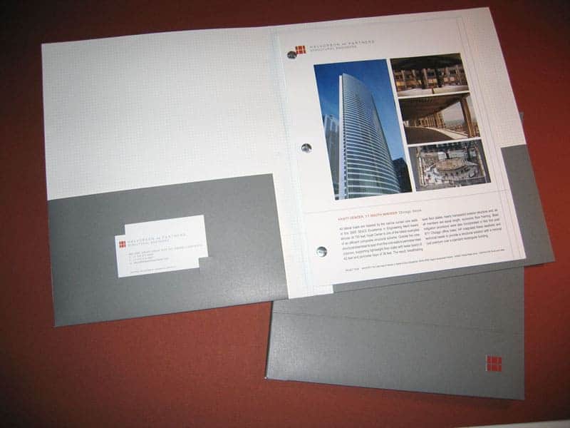 Halvorson and Partners printed proposal kit including pocket folder and designed project sheets