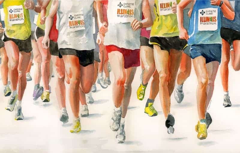 Watercolor illustration of a foot race for Illinois Marathon promotion.