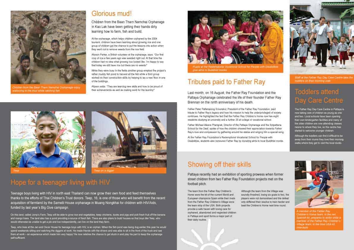 Two page spread for newsletter with featured stories and photos.