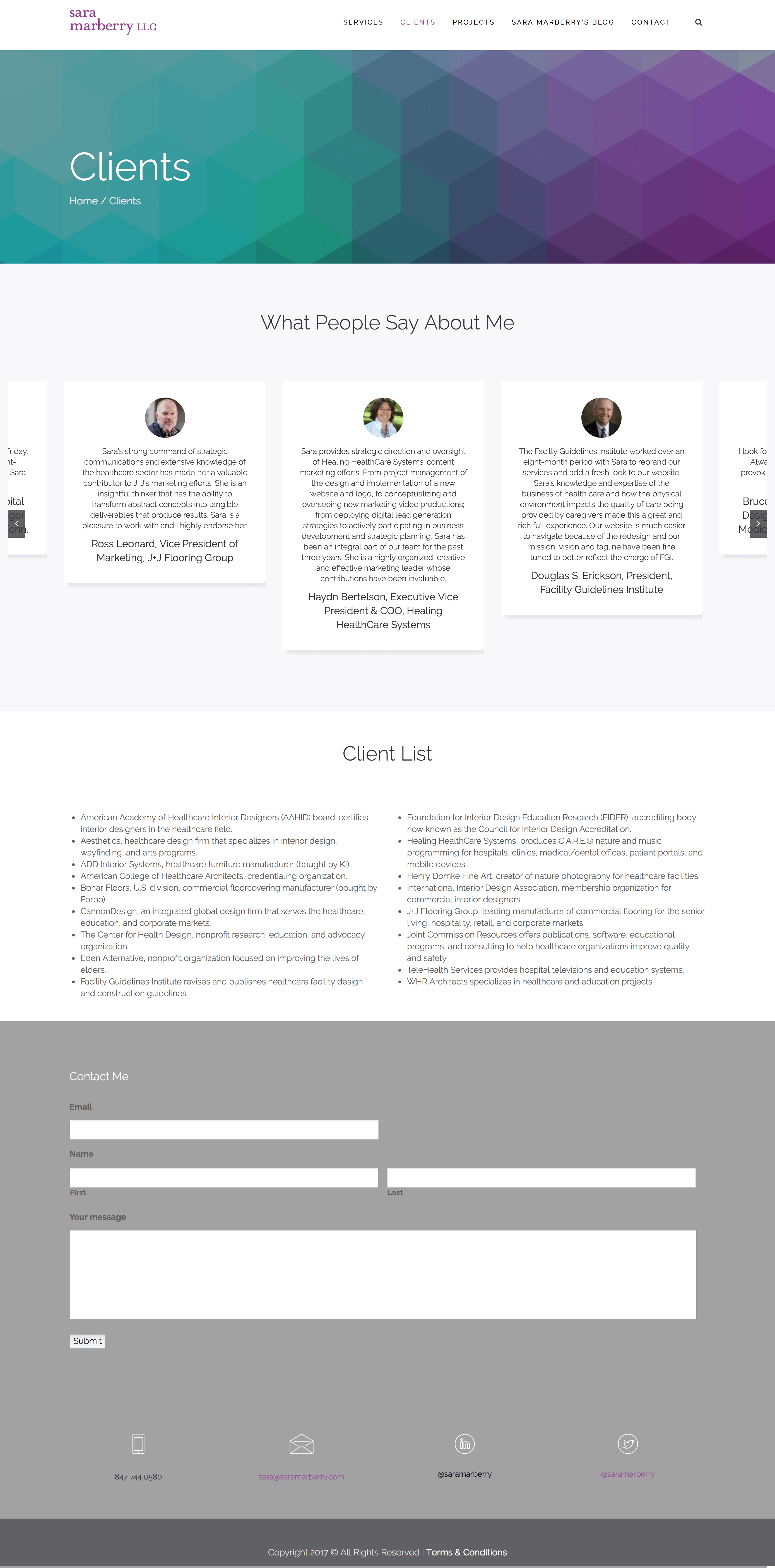 Clients page with testimonials.
