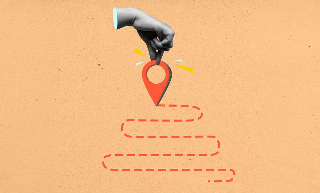 A hand placing a red location pin at the end of a winding dashed path, illustrating the design principle of directing attention to a single focal point.