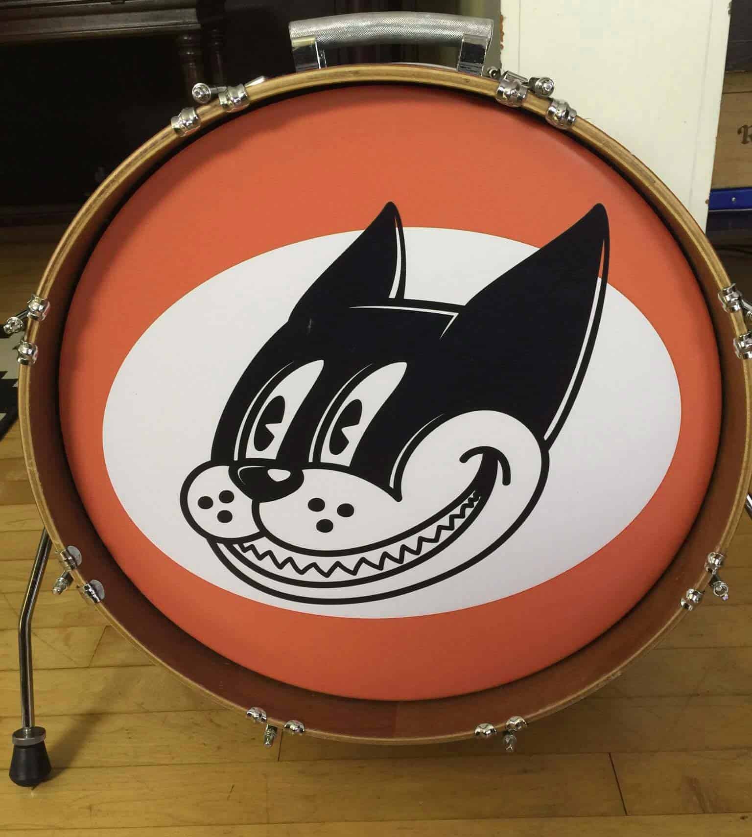 Branded bass drum head.