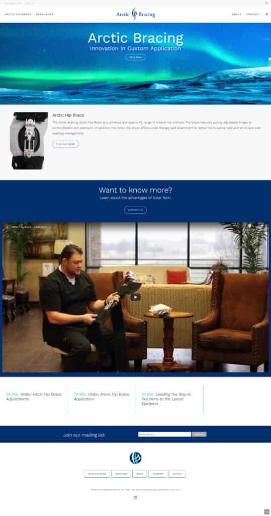 Home page for Arctic Bracing website.