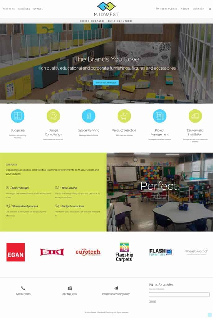 Home page design for Midwest Educational Furnishings.