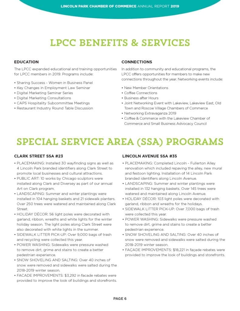 Text page delineating benefits and special service areas.