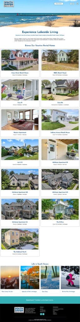 Home page for luxury vacation home rentals in South Haven, Michigan.