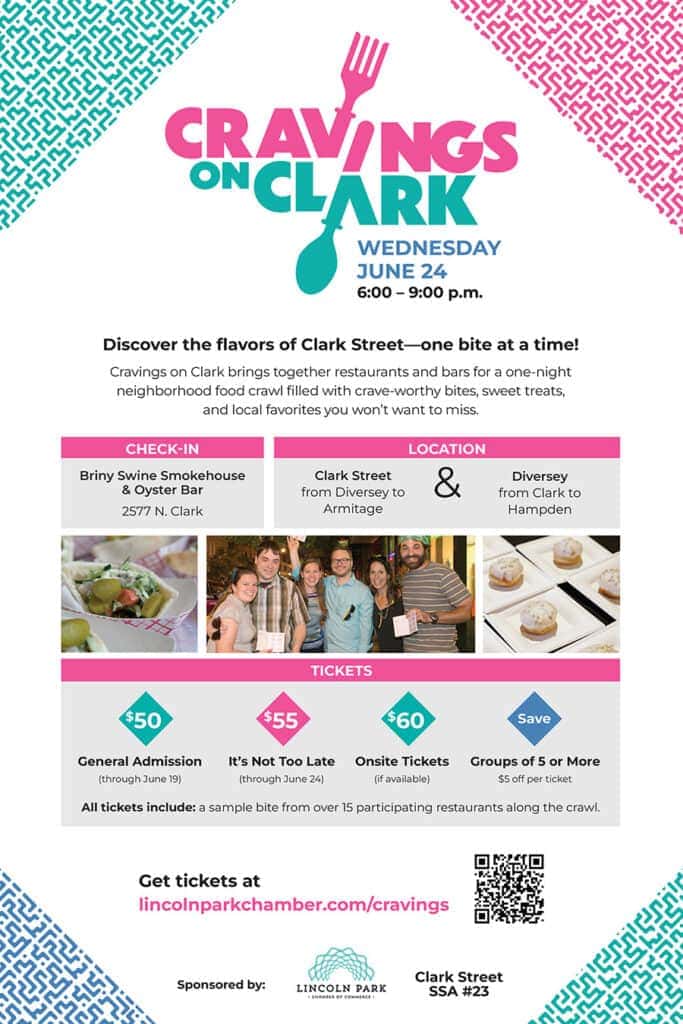 Promotional poster for Cravings on Clark, featuring event branding and details for the annual Lincoln Park tasting crawl.