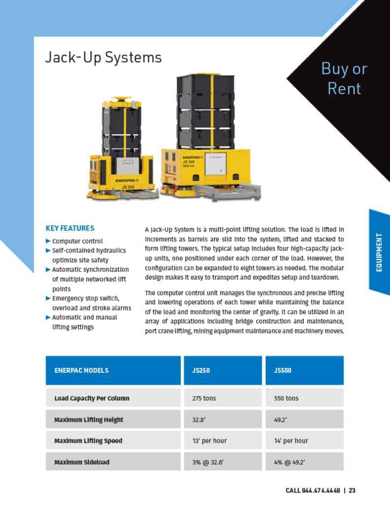 Product page featuring Jack Up Systems including data table.
