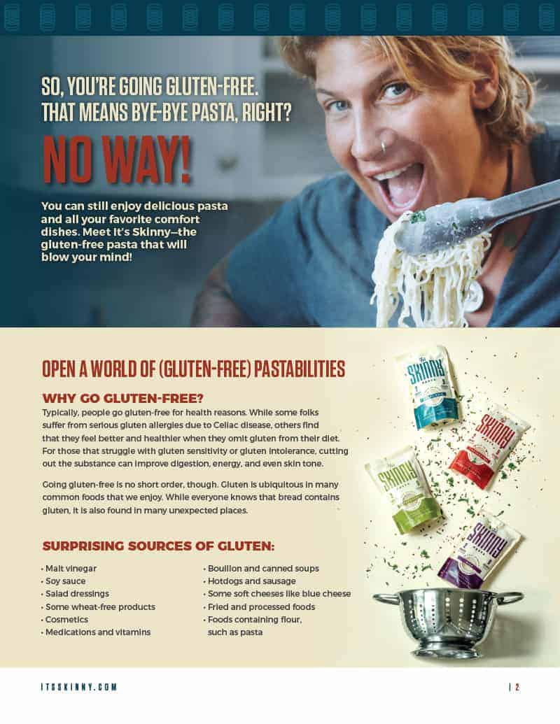Page 2, Introduction page featuring the It's Skinny brand identity and young man enjoying pasta.