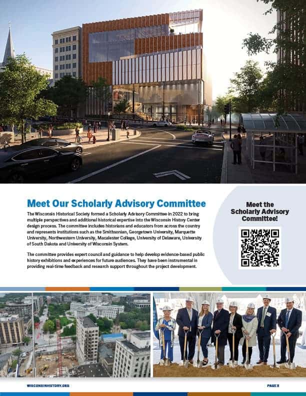 Page 5, second page of History Center construction article featuring architect renderings of project and photos of construction.