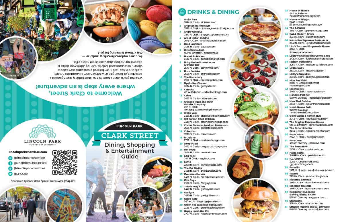 Folded in half two times, this 11x17 Clark Street shopping guide folds down to pocket size.