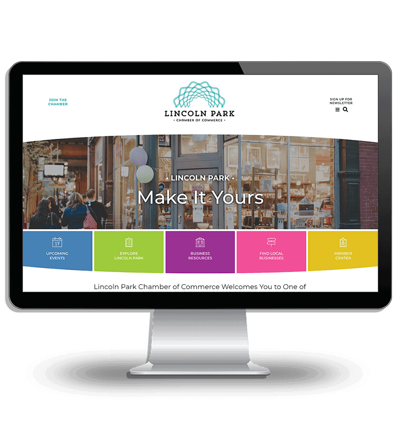 Branding design illustrated through chamber website presented in desktop monitor.
