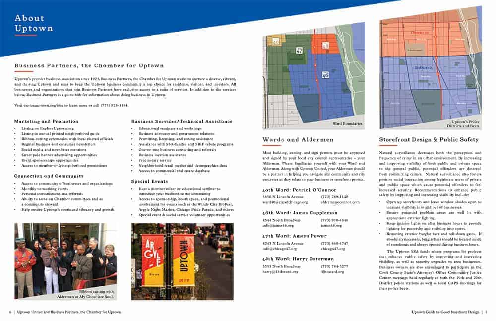 About Uptown including information about local political leaders, and storefront design.