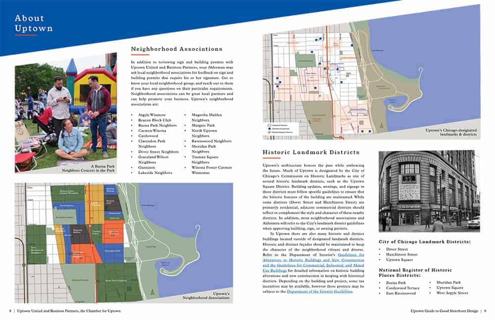 Neighborhood associations and historical landmarks.