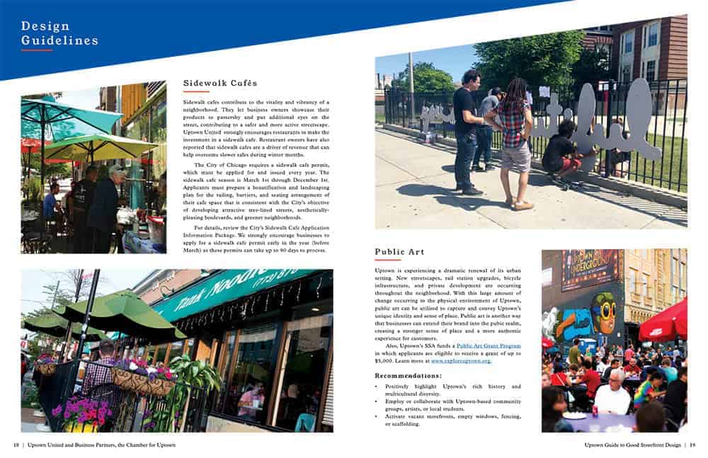 Sidewalk cafés and public art.