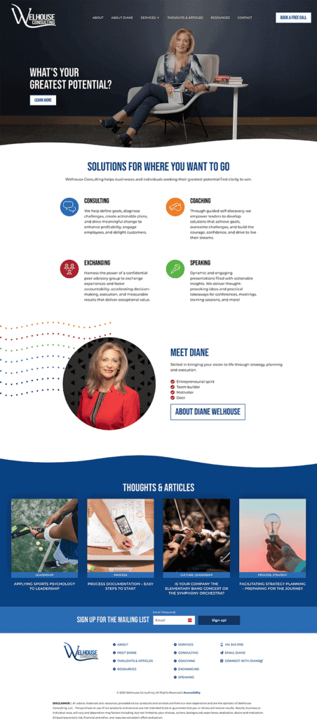 Front page featuring links into services, bio and blog pages.