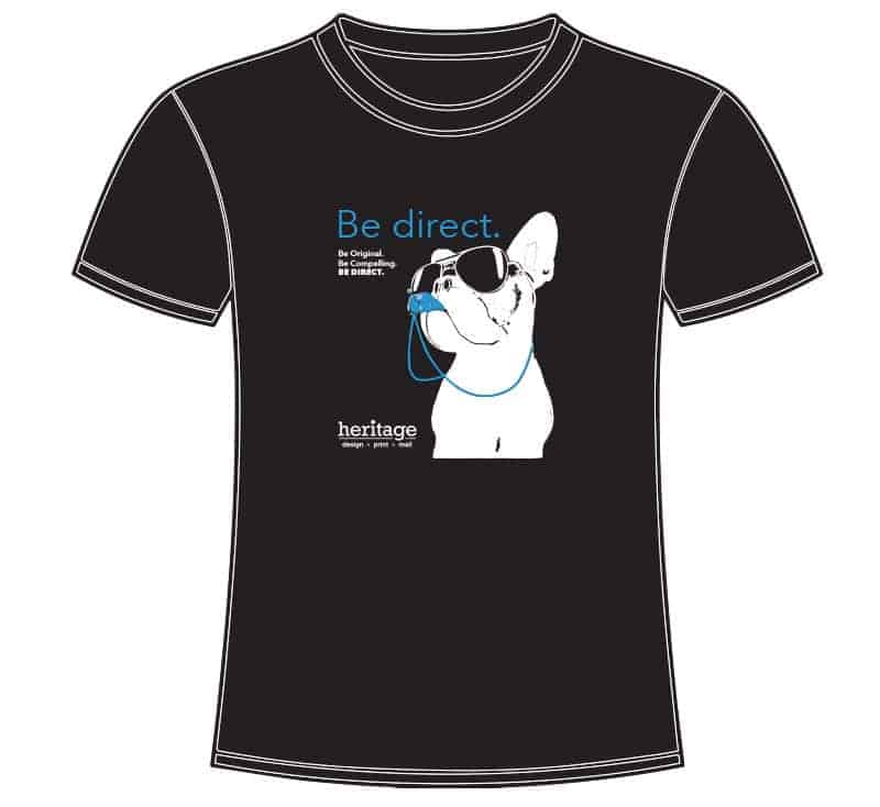 Tee shirt design with the title, Be Direct, and a french bulldog wearing sunglasses and blowing a whistle.