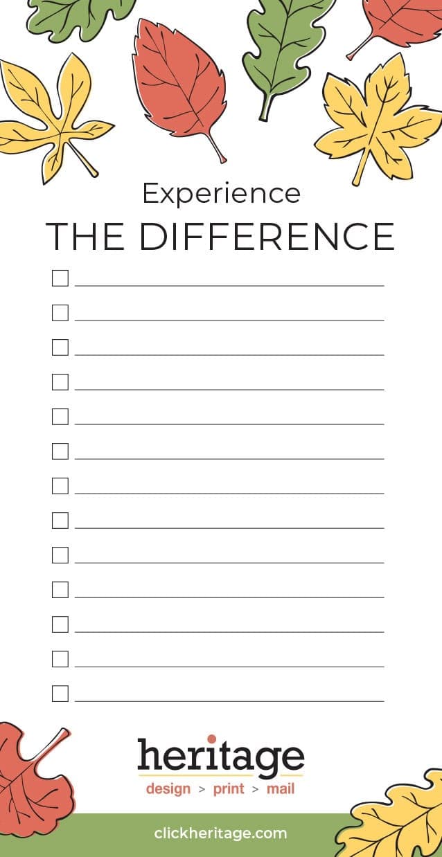 Note pad with fall foliage that says "Experience the Difference".