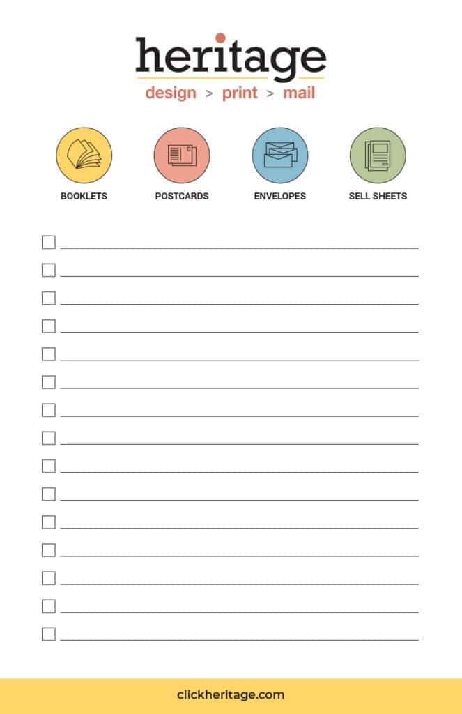 Notepad with graphics promoting Booklets, Postcards, Envelopes, Sell Sheets.