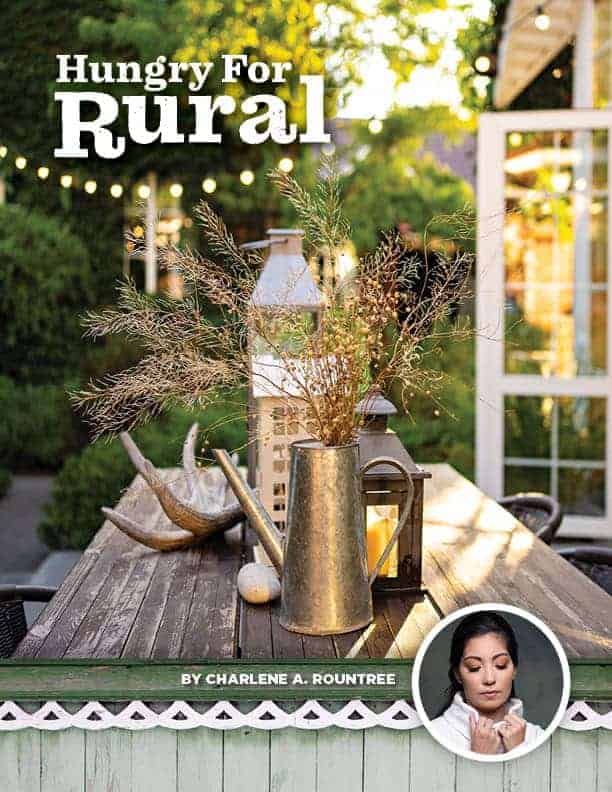 Hungry By Rural cover, decorated back yard with author portrait, and cottagecore border.