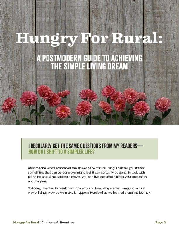 Introductory page, Hungry for Rural, A Postmodern Guide to Achieving the Simple Living Dream. Imagery features a rustic fence with red flowers.