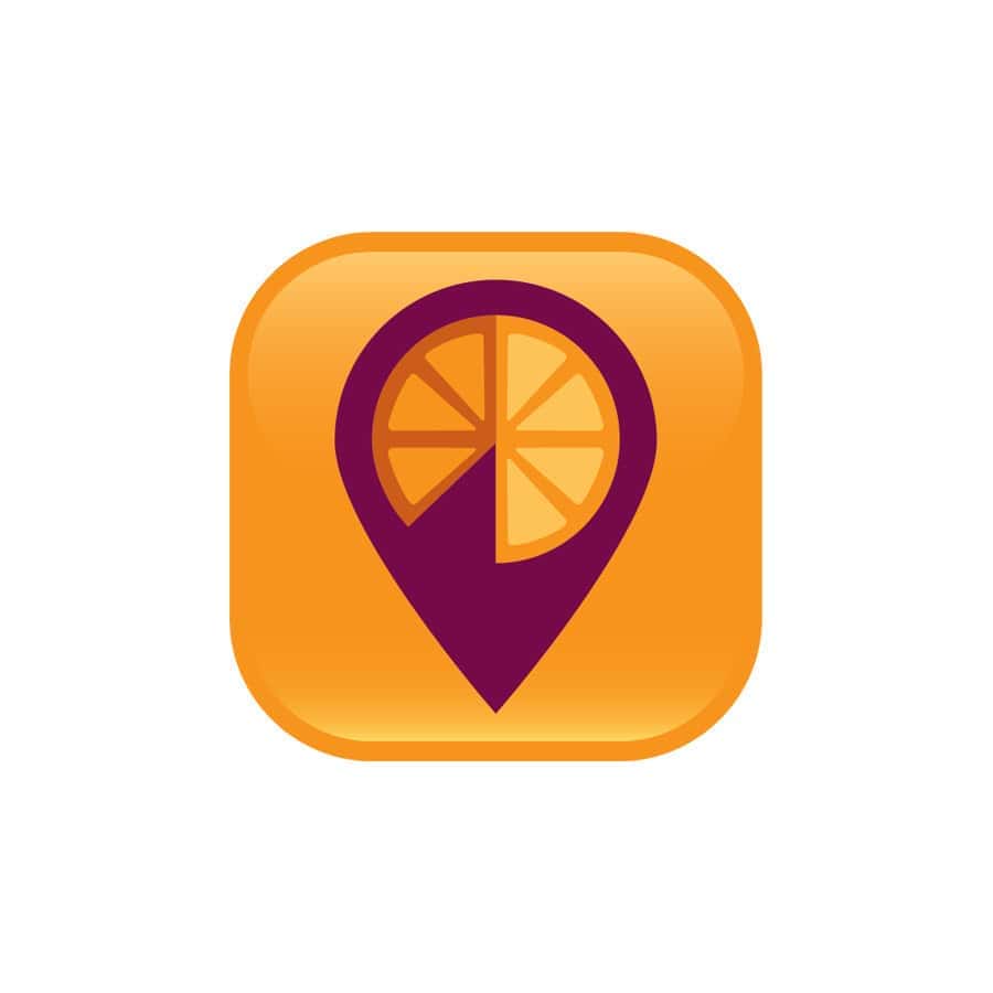 App button with map point featuring orange slice.