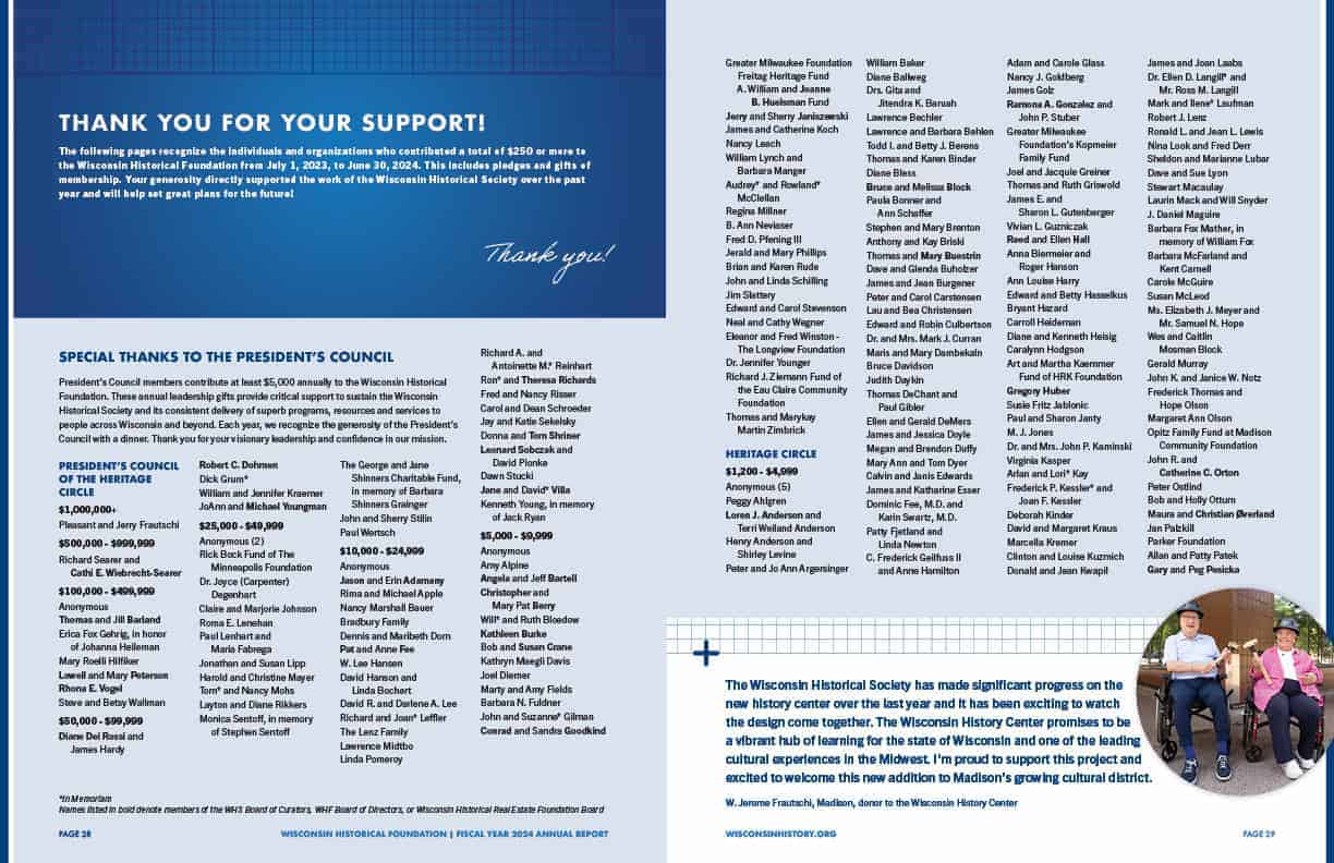 Thank you donor listings and testimonial callout.