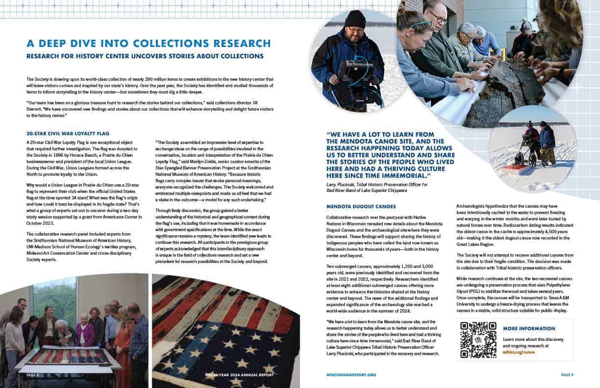 Deep Dive into Collections Research, 2 page spread highlighting two historic donations from the last year.