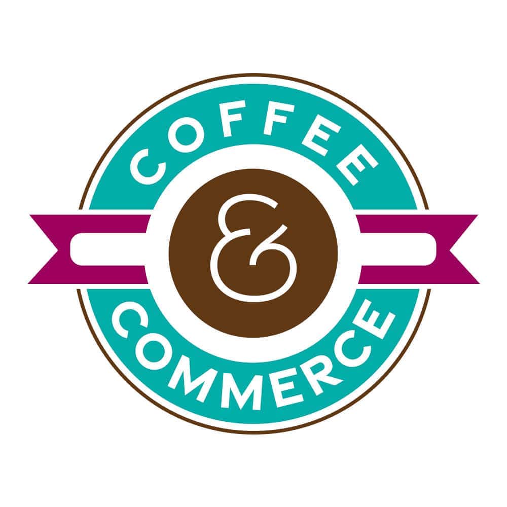 "Coffee & Commerce" logo, in style of Starbucks emblem, in brown, purple and aqua.