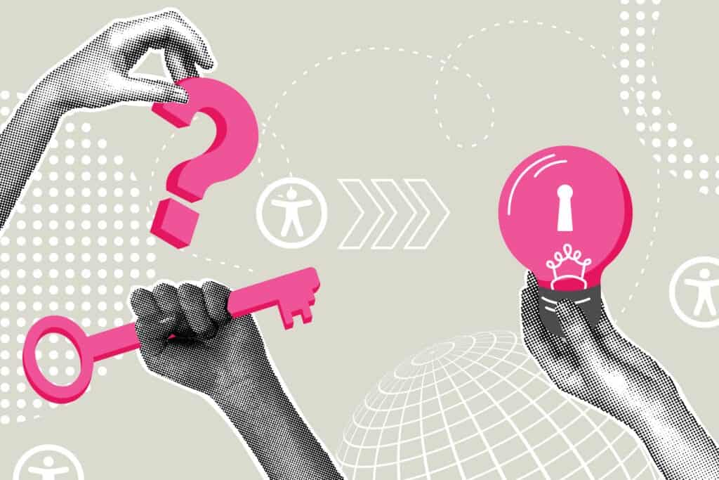 Illustration showing hands holding a key, question mark, and light bulb, symbolizing accessible design solutions and clear communication for community organizations.