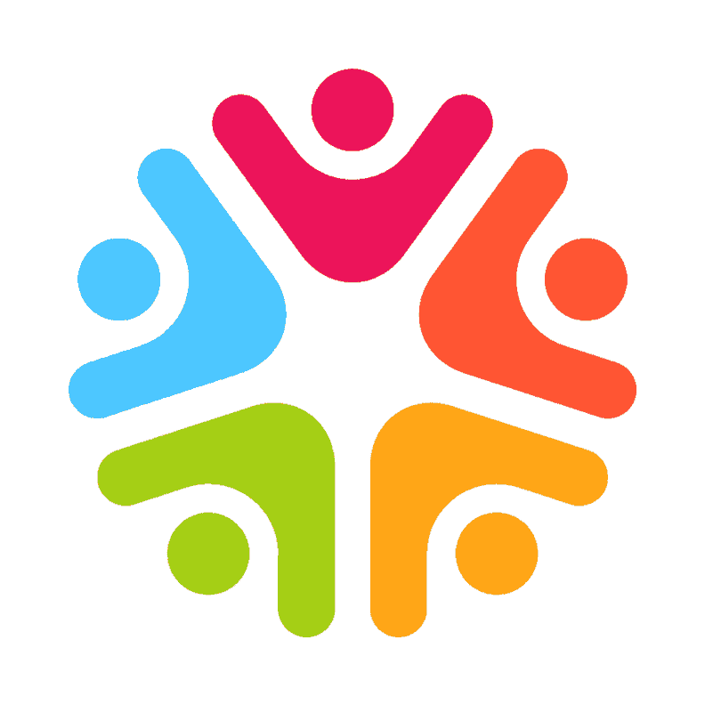 Multicolored logo, six abstract figures arranged in a round shape, a symbol of accessibility.