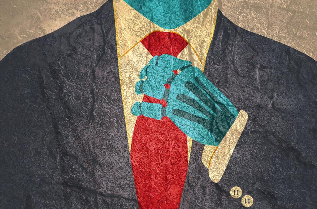 Man in suit adjusting tie, but his hand reveals he is actually a robot.