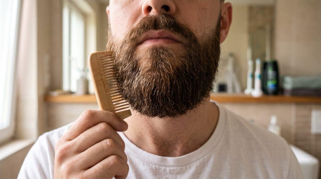 Man combing his beard with a wooden comb