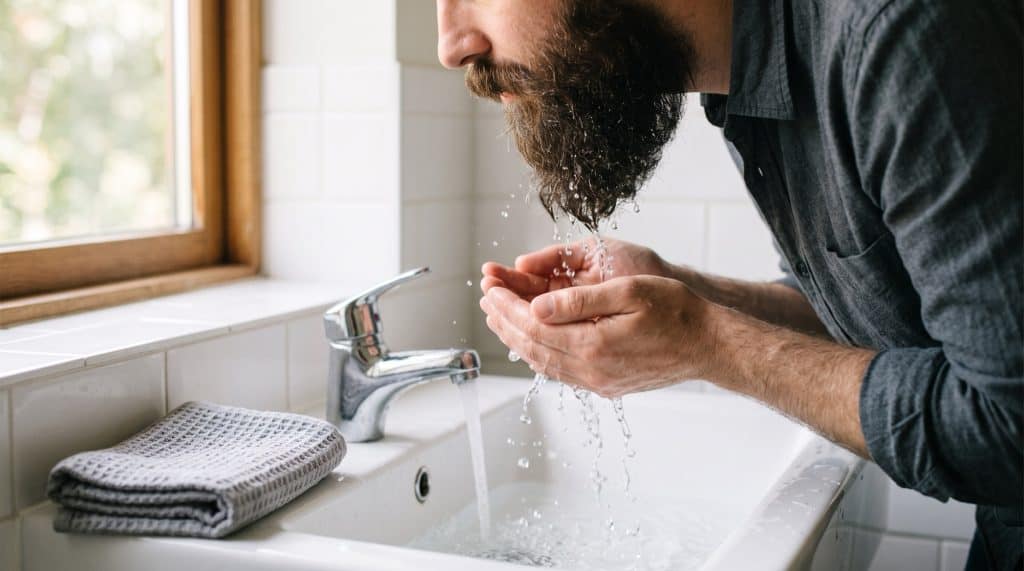 Man splashing water onto his beard at a bathroom sink