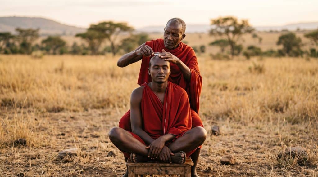 Een jonge Maasai-man die op de savanne met een scheermes het hoofd wordt geschoren