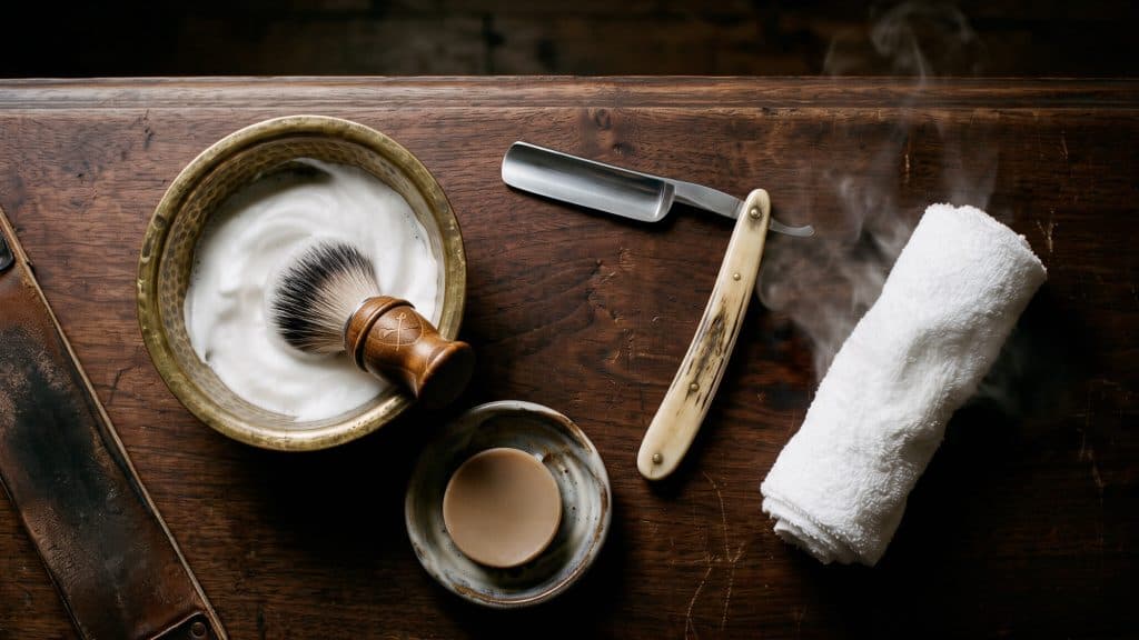 Traditionele scheerbenodigdheden: scheermes, Bearded Colonel-scheerkwast, scheerkom en warme handdoek