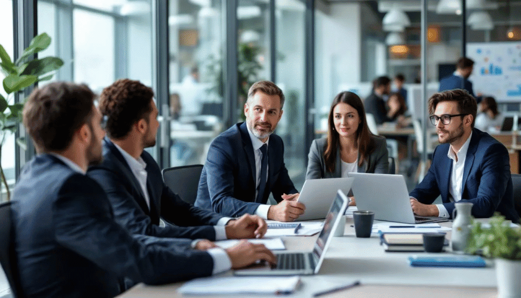 A diverse group of goal-oriented professionals collaborates in a modern office setting, engaging in discussions about project management and setting SMART goals. They are focused on tracking progress and defining clear objectives to achieve measurable success in their upcoming projects.