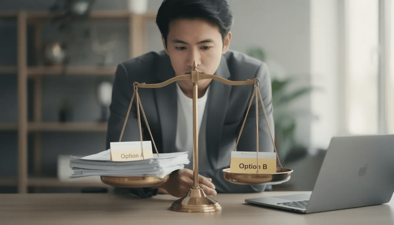 A imagem mostra uma pessoa a pesar cuidadosamente diferentes opções numa balança, simbolizando o processo de tomada de decisão nas negociações. Esta representação visual realça a importância de compreender a sua própria BATNA (Melhor Alternativa para um Acordo Negociado) e avaliar os potenciais resultados durante as discussões na mesa de negociação.