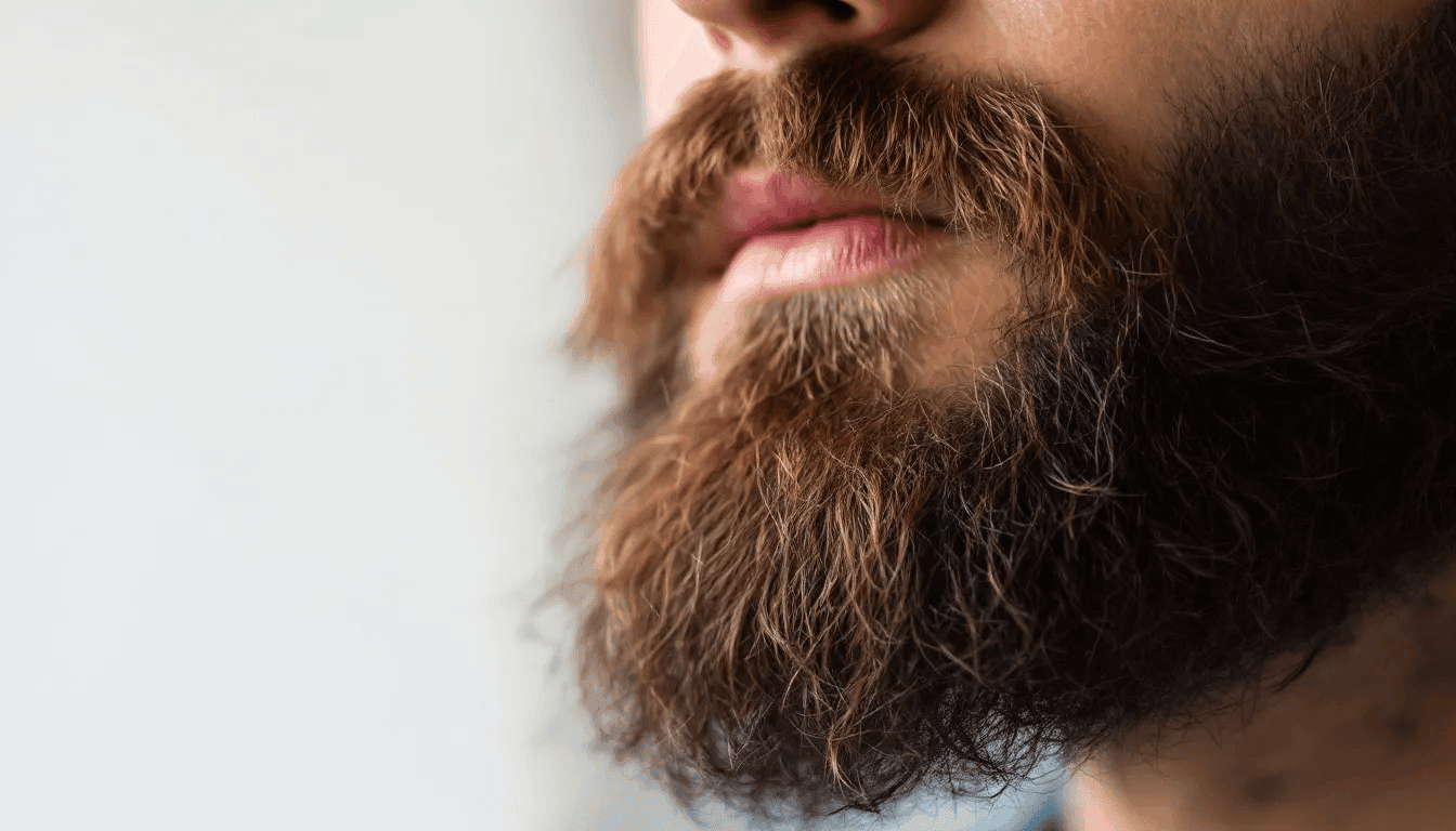 Gros plan sur une barbe parfaitement entretenue, qui présente un aspect sain.