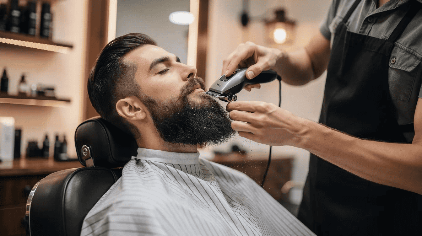 Een kapper die de volle baard van een klant bijwerkt met een professionele tondeuse