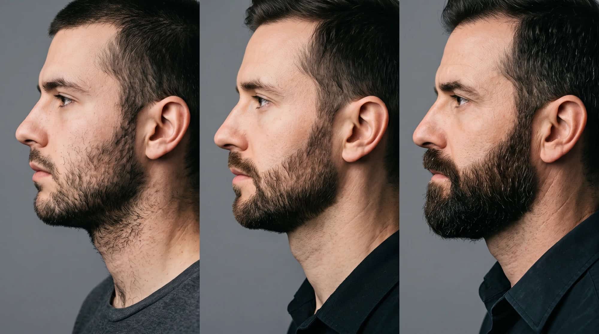 Three beards side by side: no neckline on the left, clean necklines in the middle and on the right