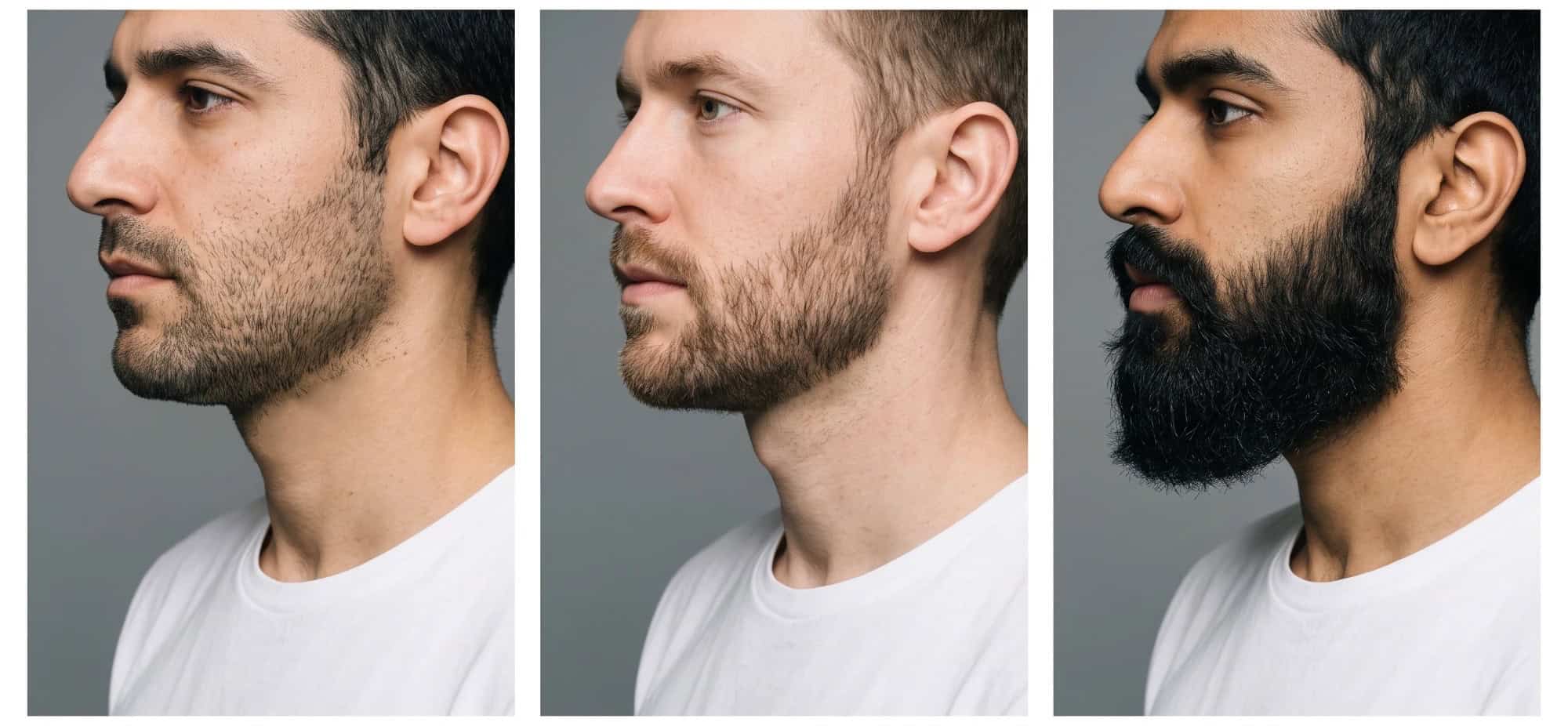 Stubble, a short boxed beard and a full beard, each with a clean neckline