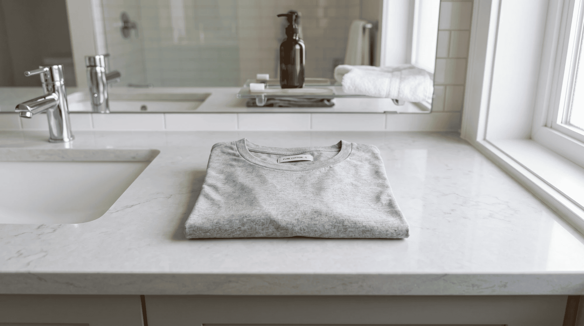 A clean cotton shirt on a bathroom counter, part of stopping post-shave itch