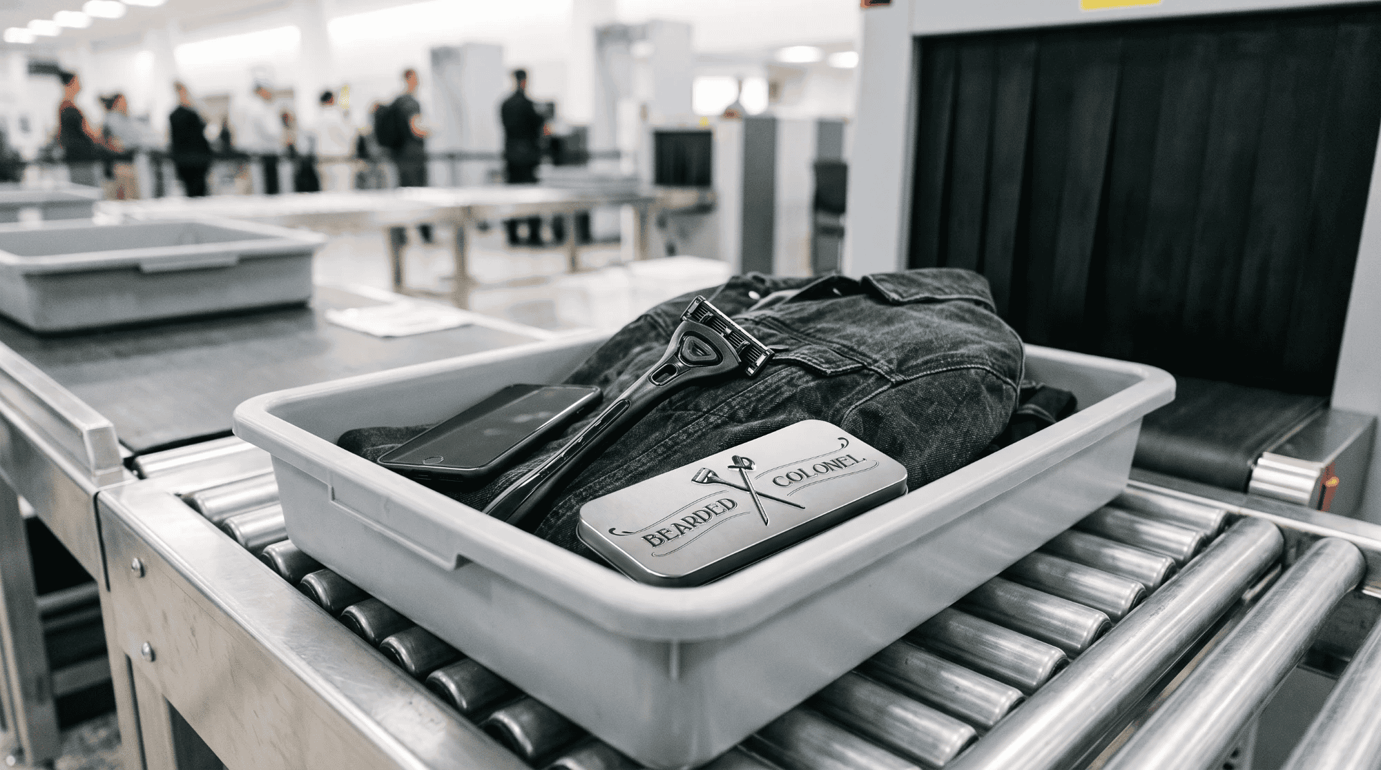 A Bearded Colonel razor and blade tin in an airport security tray