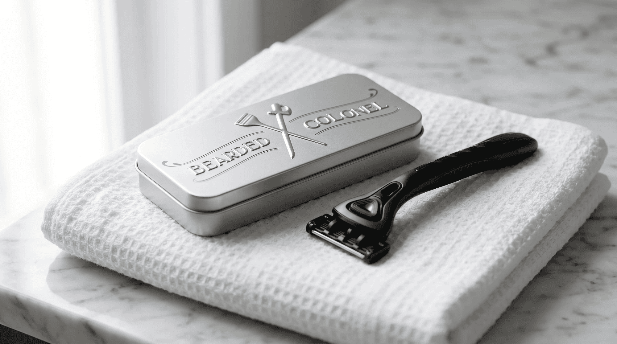 A Bearded Colonel storage tin and razor on a folded towel, packed for a trip