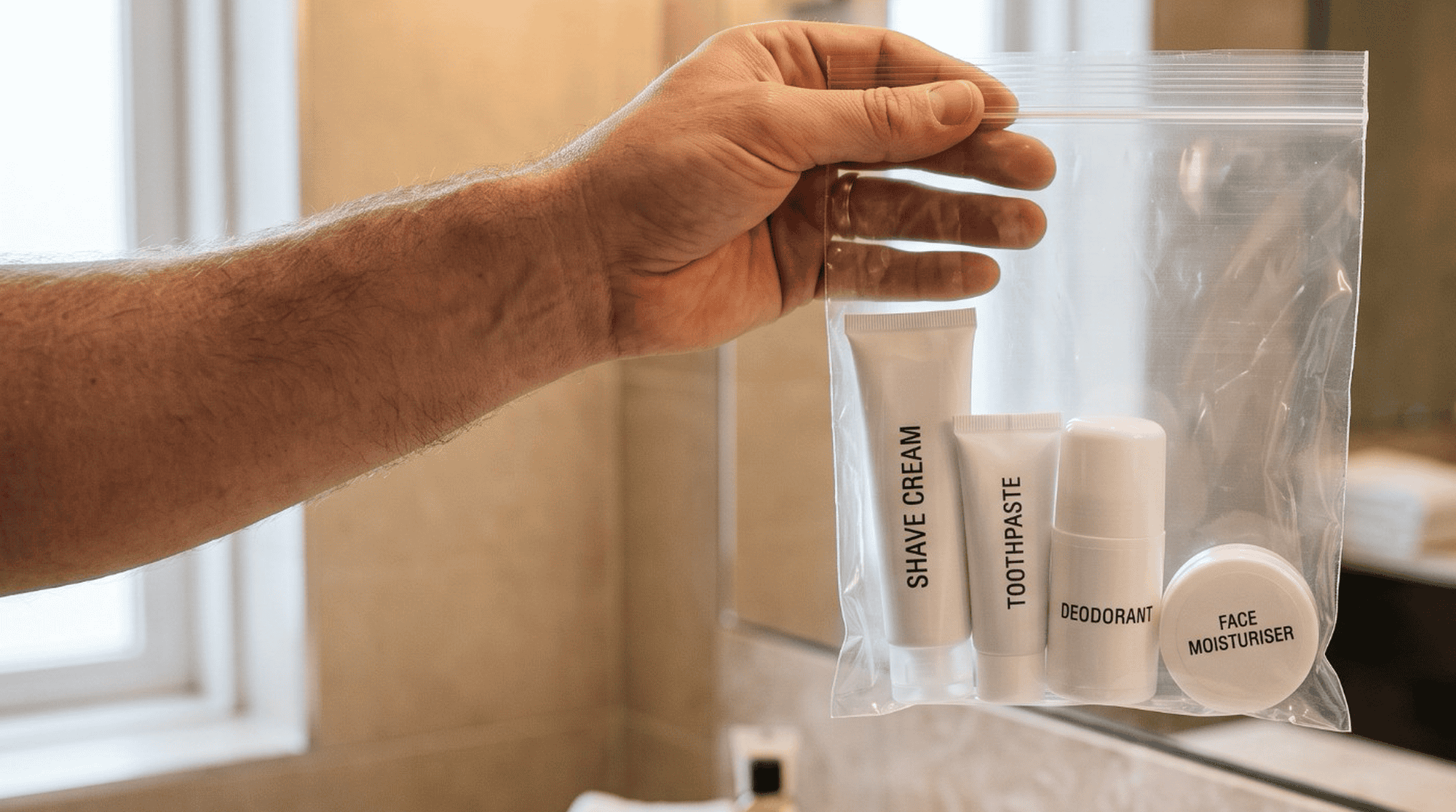 Travel-size shaving cream and toiletries packed in a clear liquids bag for airport security