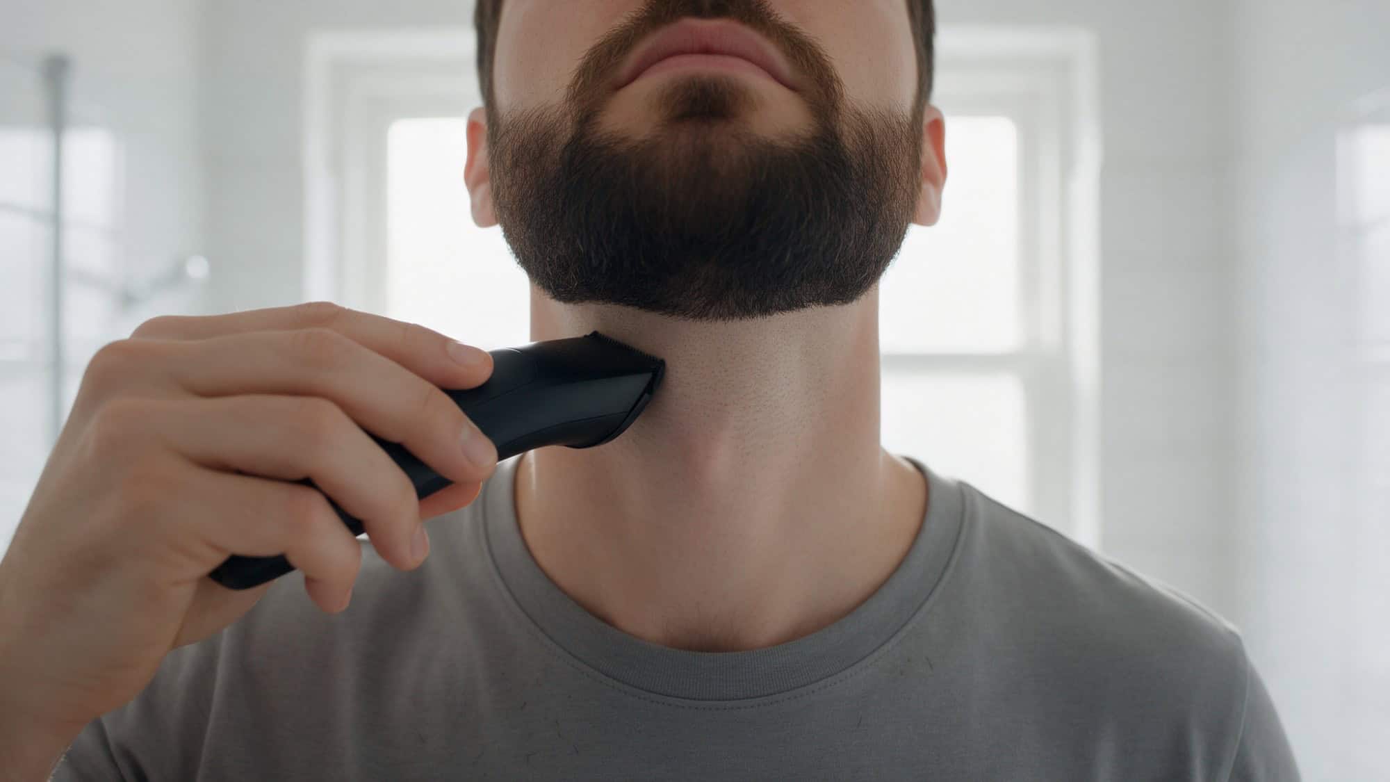 Man trimming his beard neckline under the jaw with a beard trimmer